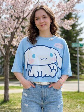 Sanrio Cinnamoroll Blue Oversized Crop Top Tee L Kawaii Aesthetic Bioworld